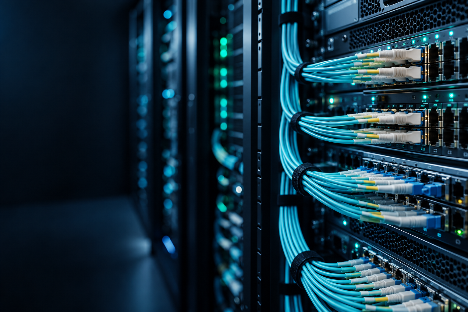 Imagem conceitual de equipamentos de telecom e conexões de fibra óptica